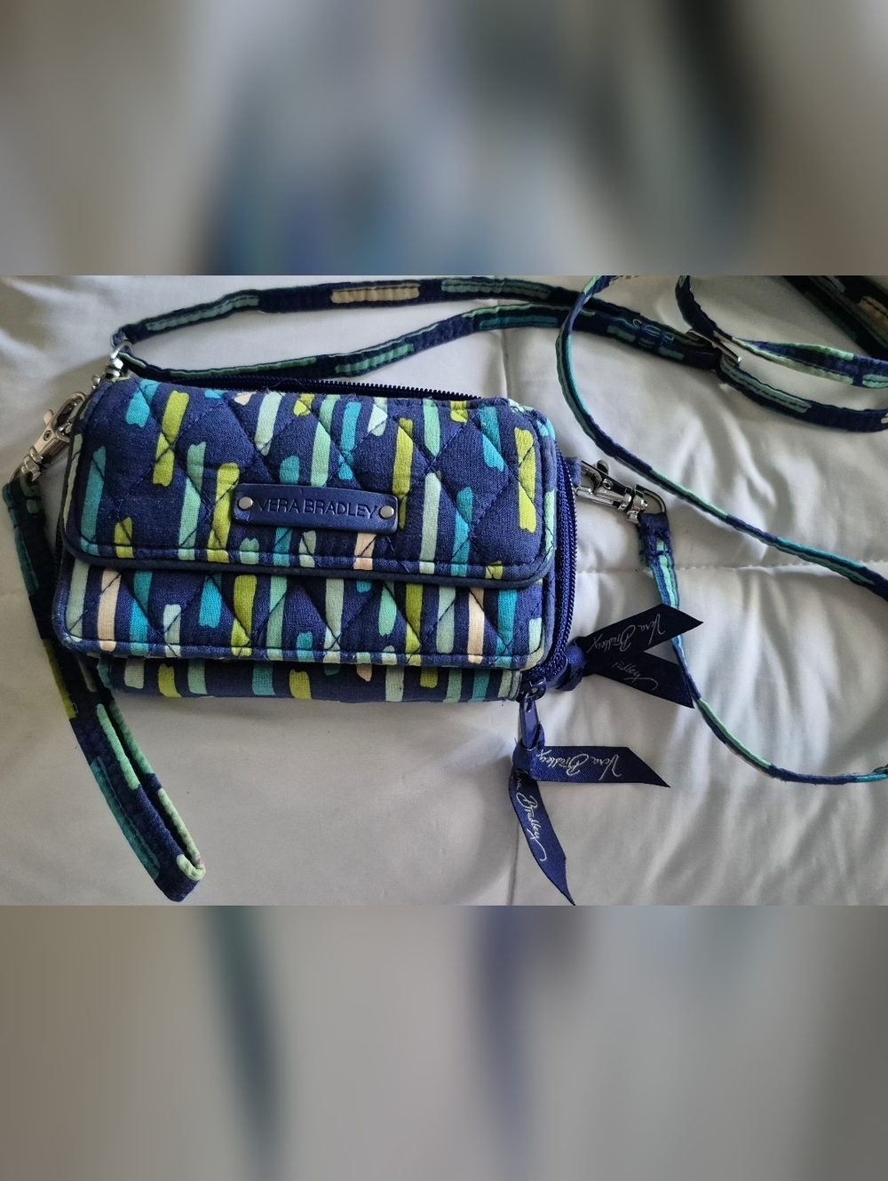 Vera Bradley Navy Quilted Crossbody Wallet - Blue & Green Stripe